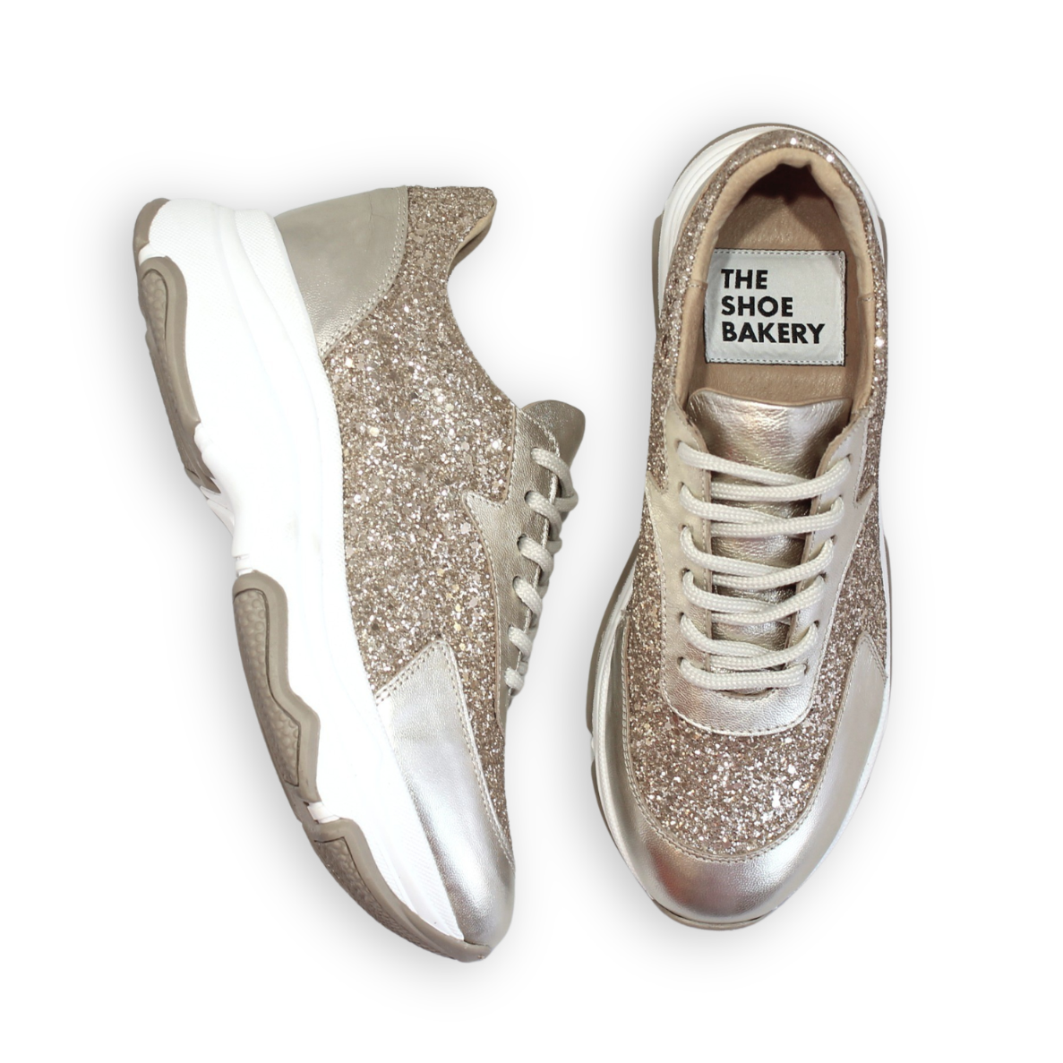 Glittrig champagnefärgad sneaker med snörning, damsneakers med glitter